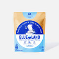 A package of Blueland Dishwasher Detergent Tablets, labeled 60 dishwasher loads, powerful clean & 100% plastic-free, and free & clear. The pack is tan and blue with images of white tablets stacked.
