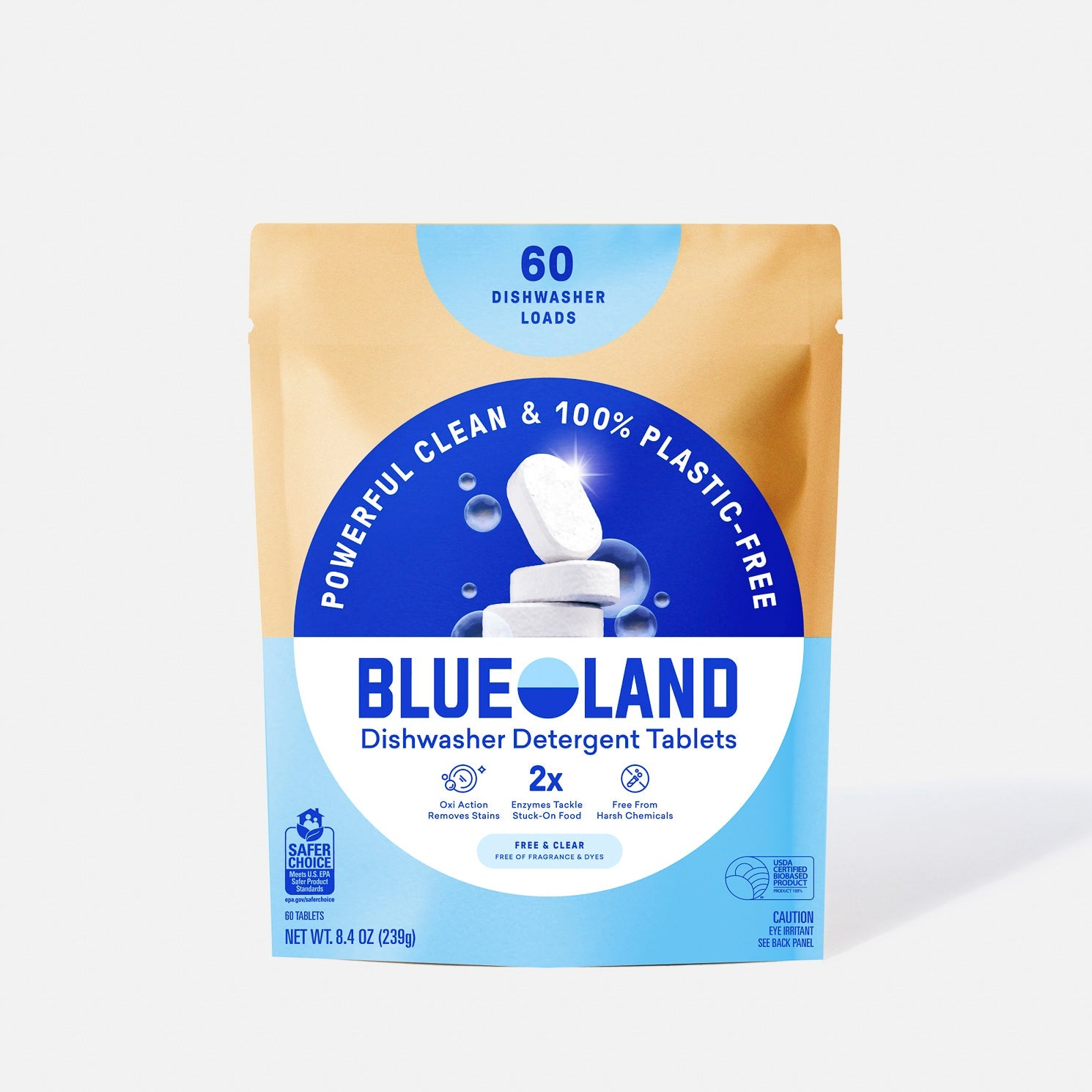 A package of Blueland Dishwasher Detergent Tablets, labeled 60 dishwasher loads, powerful clean & 100% plastic-free, and free & clear. The pack is tan and blue with images of white tablets stacked.