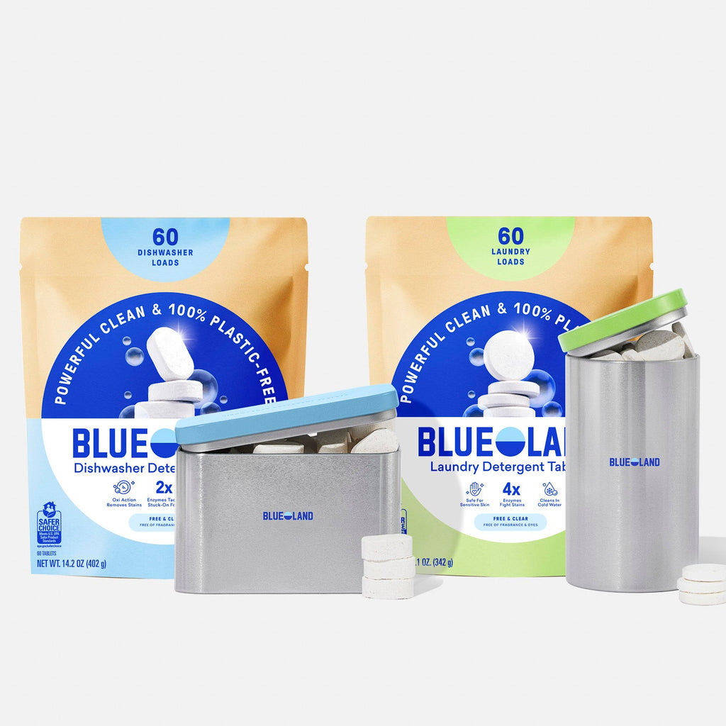 The Dishwasher & Laundry Detergent Kit is shown with two pouches and two metal containers, tablets displayed in front. The packaging highlights a plastic-free design and powerful cleaning performance.