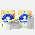 The Laundry Detergent & Toilet Bowl Cleaner Kit is displayed with grey tins, some open to reveal the plastic-free white tablets, all set against a white background.
