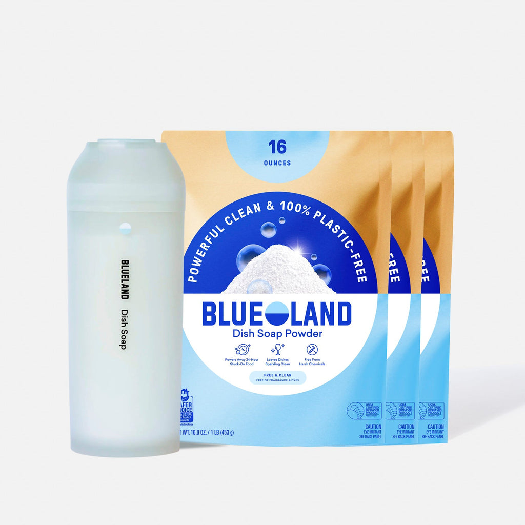 The 1 Year of Dish Soap Powder starter set includes a reusable clear dispenser labeled Dish Soap and three refill pouches with blue and white packaging stating “Powerful Clean & 100% Plastic-Free” for a zero waste clean.