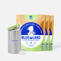 Three yellow and blue packages of Blueland Laundry Detergent Tablets stand upright behind a purple reusable tin with its lid off, displaying several white detergent tablets. The packaging highlights 60 laundry loads and plastic-free.