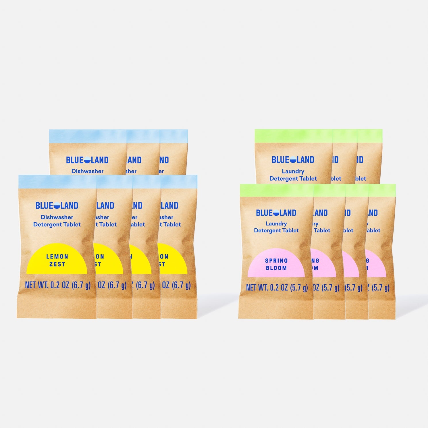 The Dishwasher + Laundry Detergent Sample Pack (14 Tablets – 7 Each) is shown in twelve brown paper pouches, featuring laundry detergent tablets (Spring Bloom) and dishwasher detergent tablets (Lemon Zest Scent) in front.
