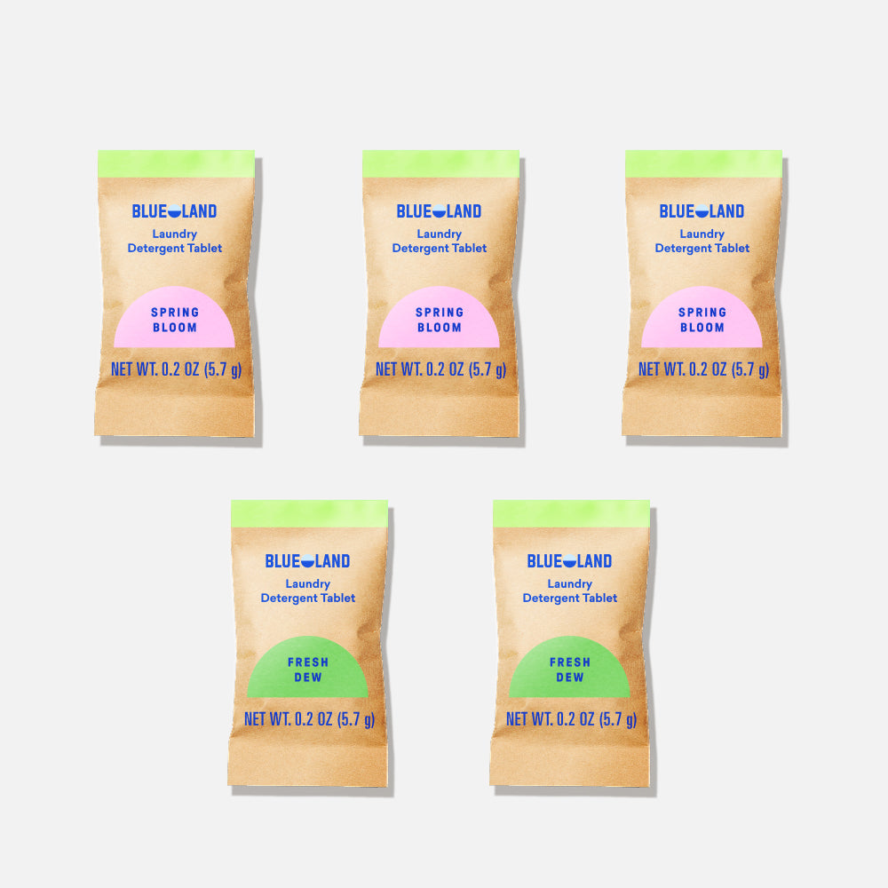 Five Laundry Detergent Sample Pack (5 Tablets) packets are arranged on a white background.